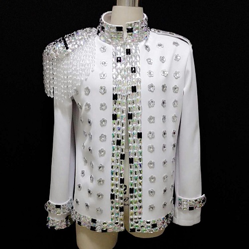 Quality Handmade Male Fashion Crystal Epaulets Rhinestone Suit Jacket Nightclub Singer Dj Show 